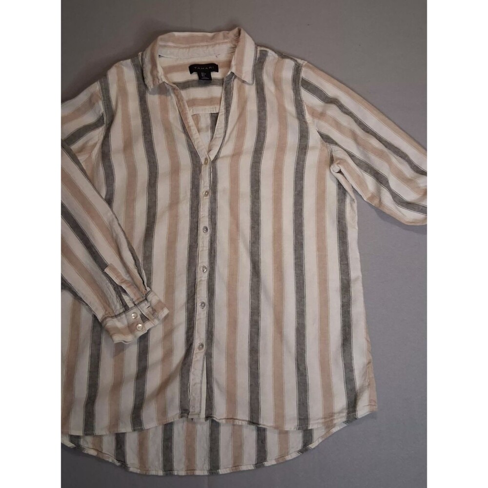 Tahari Linen Blend Striped Button Front Tunic Blouse Women's Sz L Beige Gray Tan - Picture 6 of 9